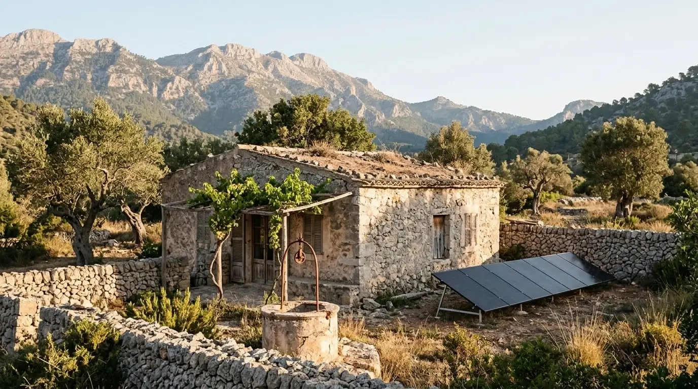 Casa de campo de piedra en Mallorca con placas solares en una estructura junto a la casa, entre almendros