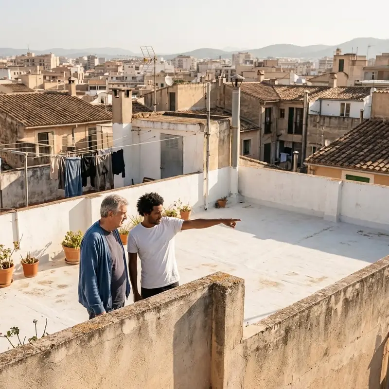 Dos vecinos hablando en la azotea de su edificio de pisos en Palma