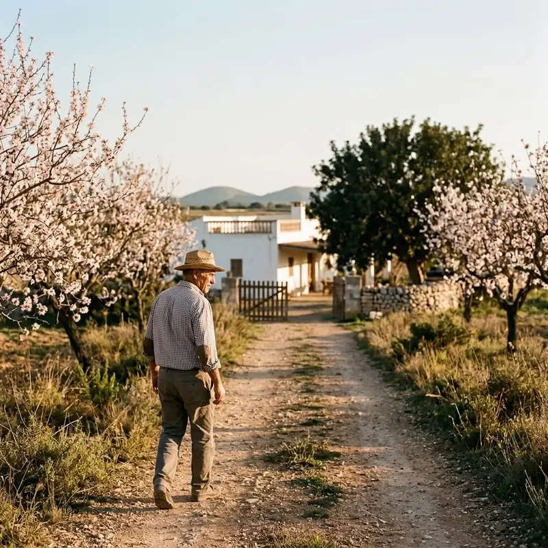 Hombre mayor con sombrero caminando entre almendros junto a su casa de campo