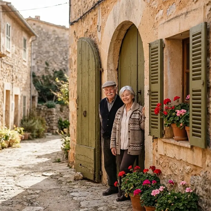 Pareja de jubilados en la puerta de piedra de su casa de pueblo en Mallorca