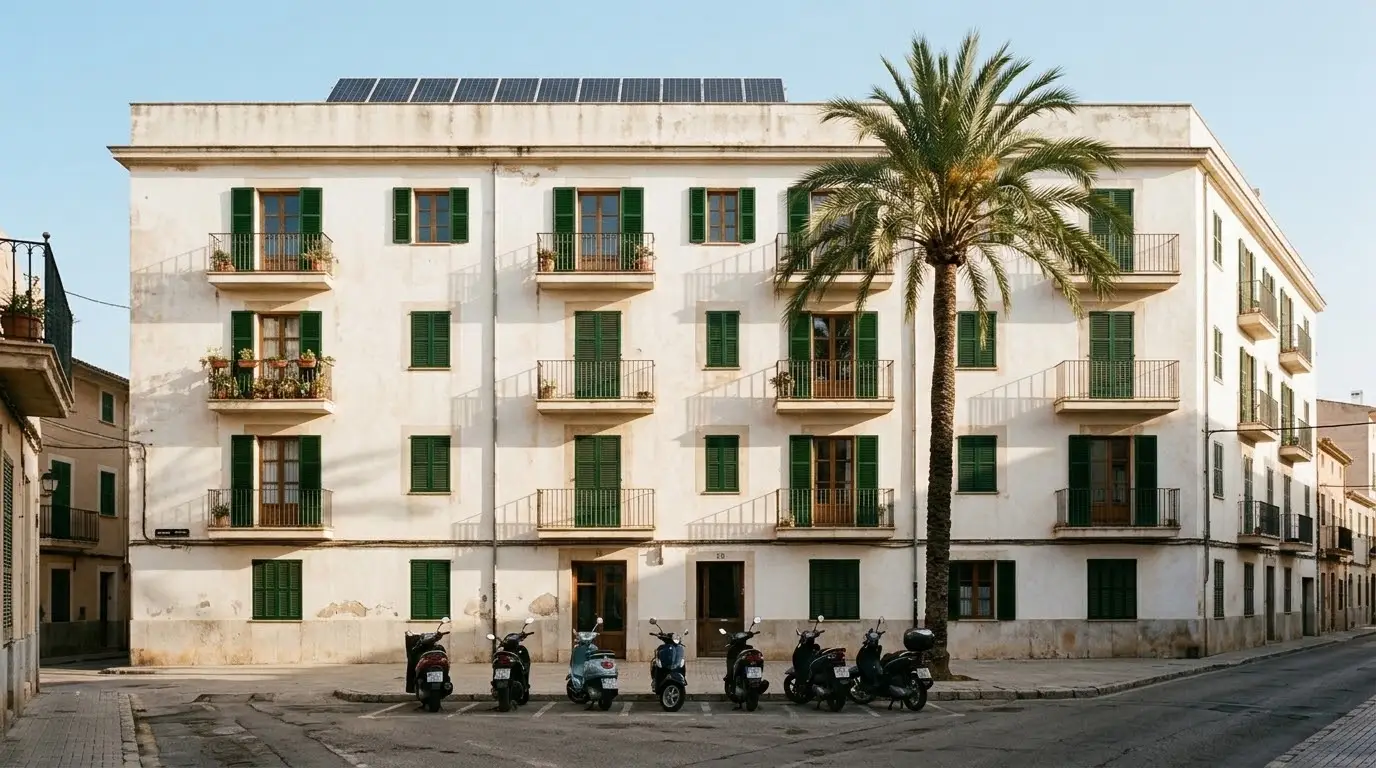 Edificio de pisos blanco en Palma con placas solares en la azotea y un cielo despejado