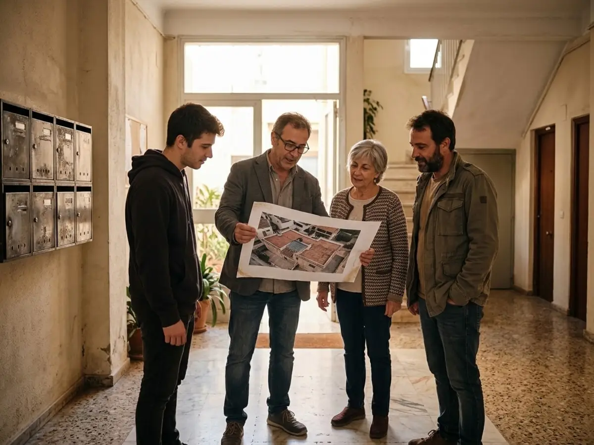 Vecinos de distintas edades reunidos en el portal de su edificio mirando un plano de la azotea
