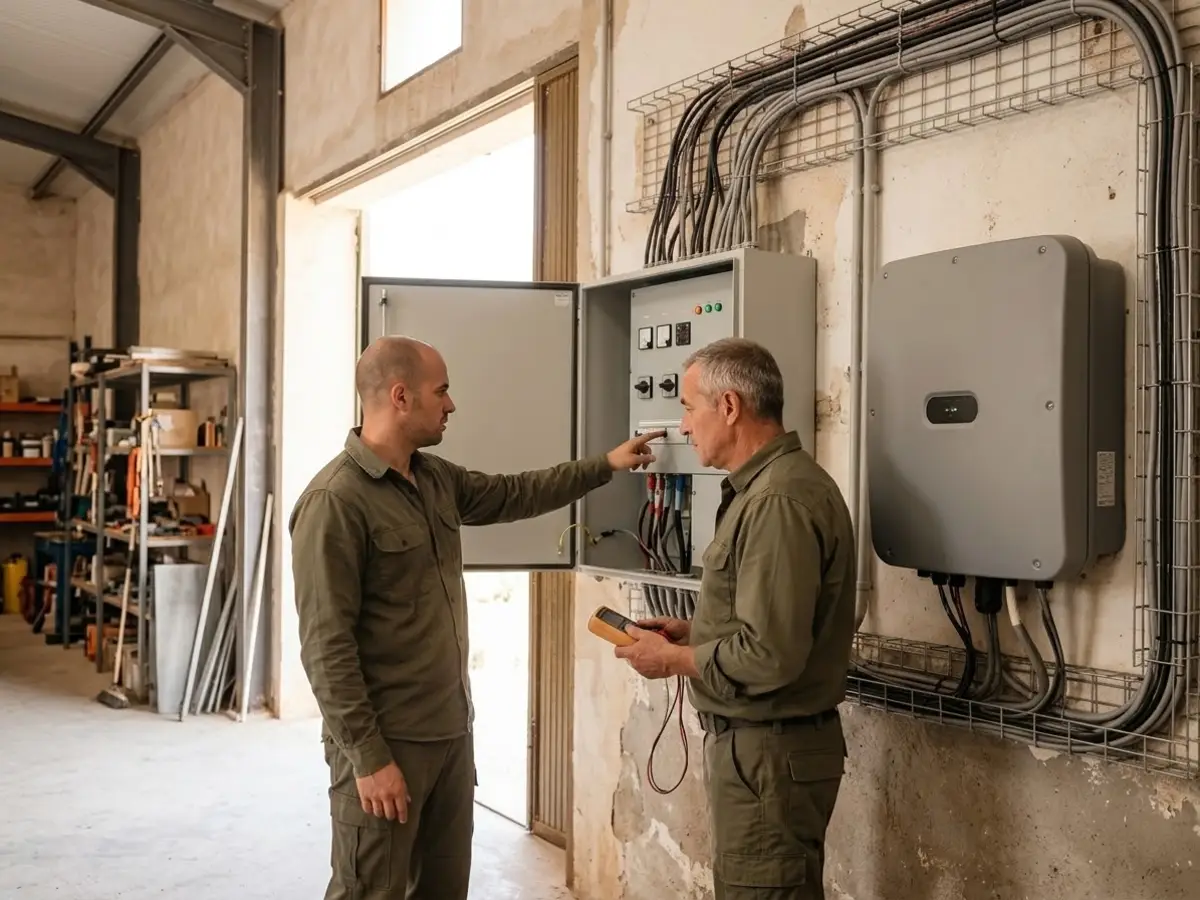 Dos técnicos revisando un cuadro eléctrico nuevo junto al inversor de una nave