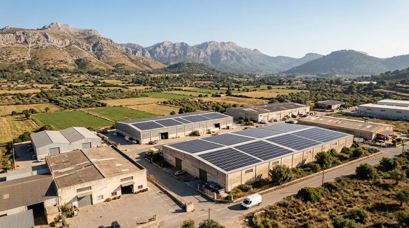 Cubierta de una nave industrial en un polígono de Mallorca con filas de placas solares y la sierra al fondo