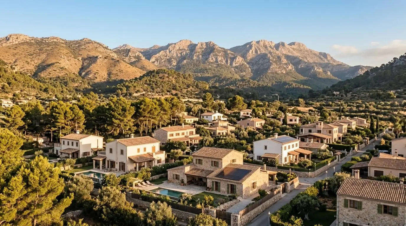 Urbanización de casas unifamiliares en Marratxí con placas solares en los tejados y la sierra al fondo
