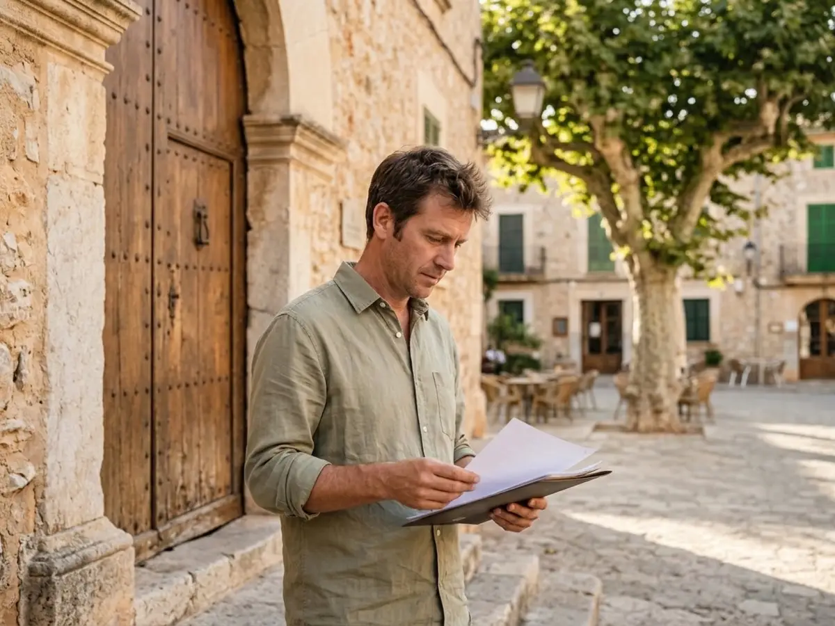 Hombre revisando unos papeles con una carpeta en la puerta del ayuntamiento de un pueblo de Mallorca
