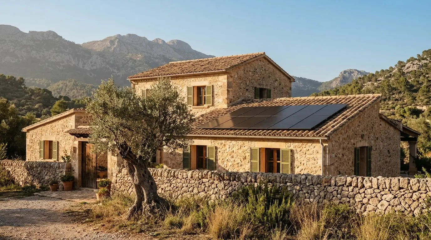 Casa mallorquina de piedra con placas solares en el tejado de teja y la sierra al fondo