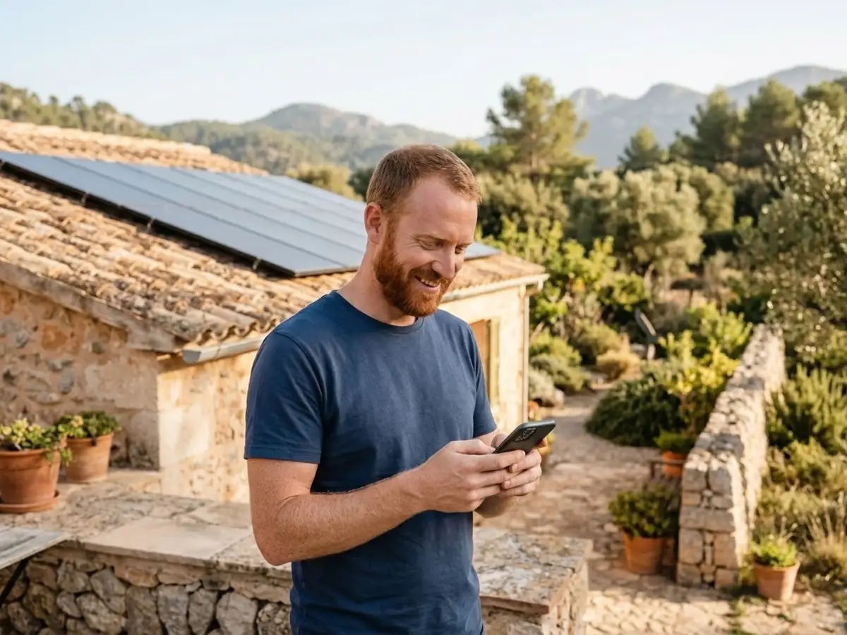 Hombre mirando en el móvil la producción de sus placas solares en la terraza de su casa