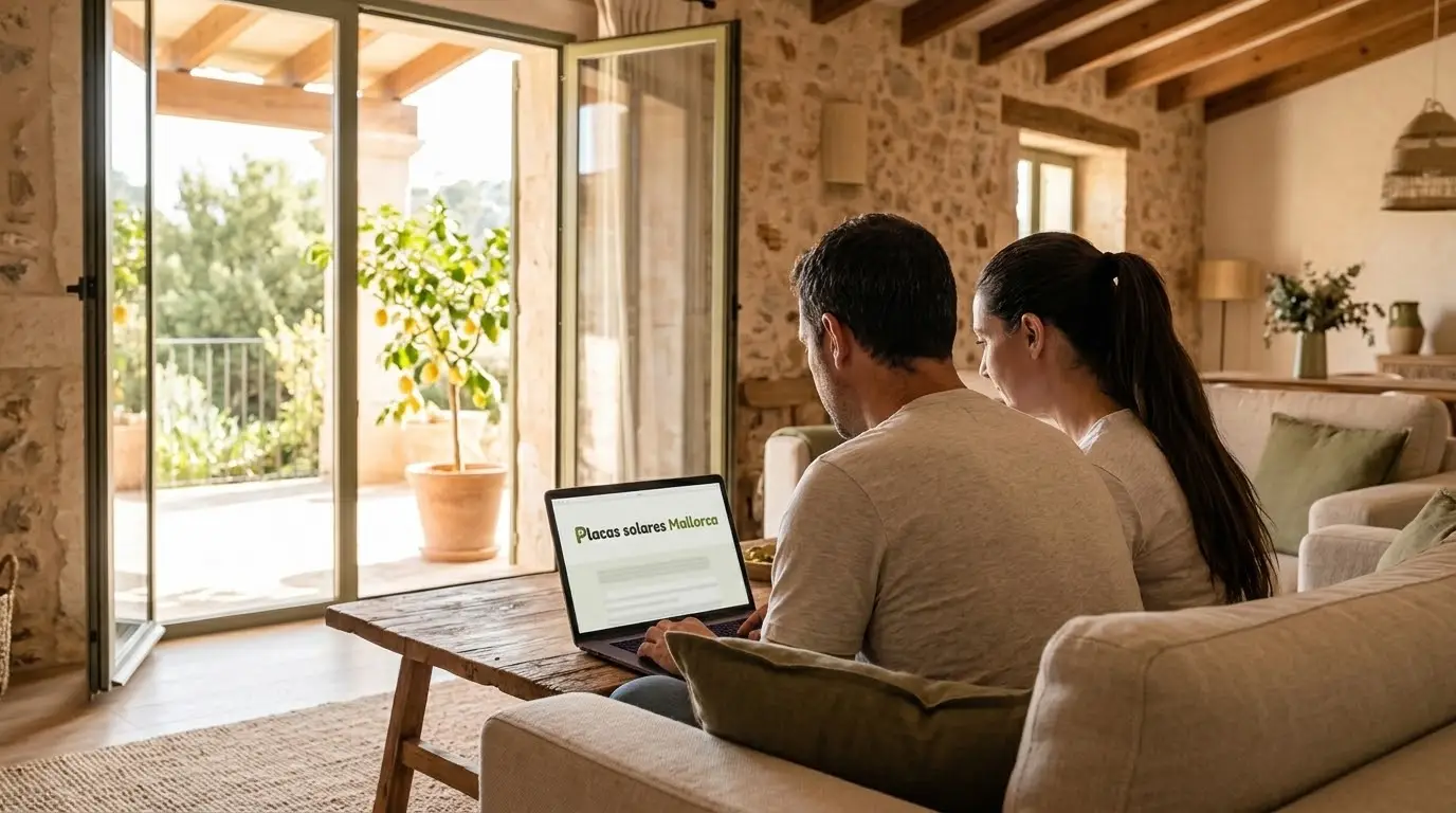 Pareja mirando en un portátil el presupuesto de sus placas solares, sentados en el salón de su casa