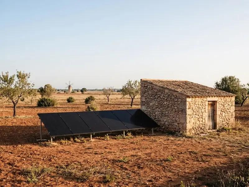 Placas solares sobre una estructura en el suelo junto a una casa de campo entre almendros