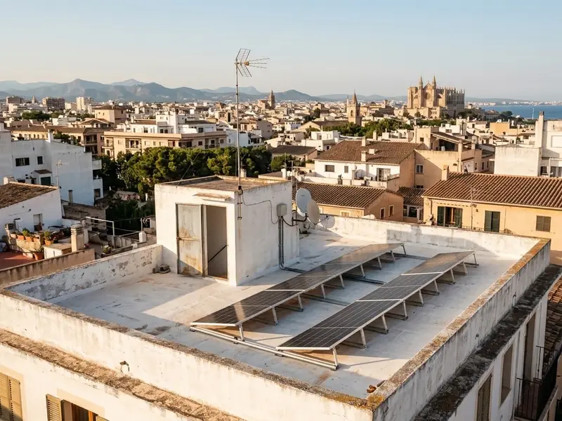 Placas solares sobre la azotea plana de un edificio de pisos blanco