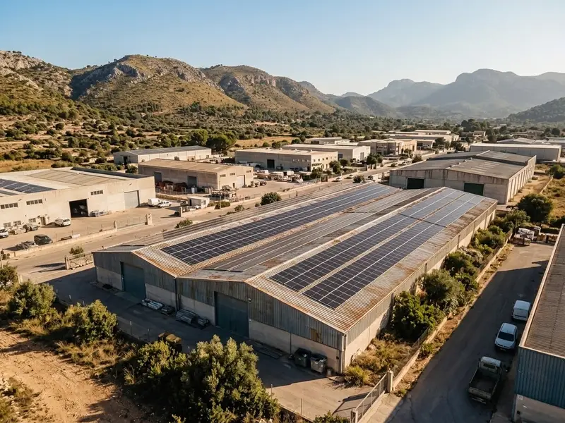 Filas de placas solares sobre la cubierta de una nave industrial