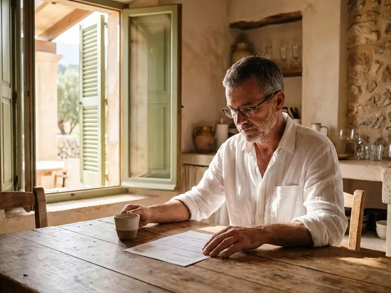 Hombre mirando la factura de la luz en la mesa de la cocina de su casa
