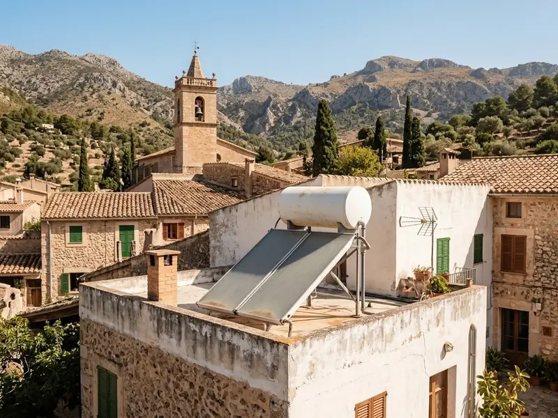 Termosifón solar con su depósito blanco sobre la azotea de una casa