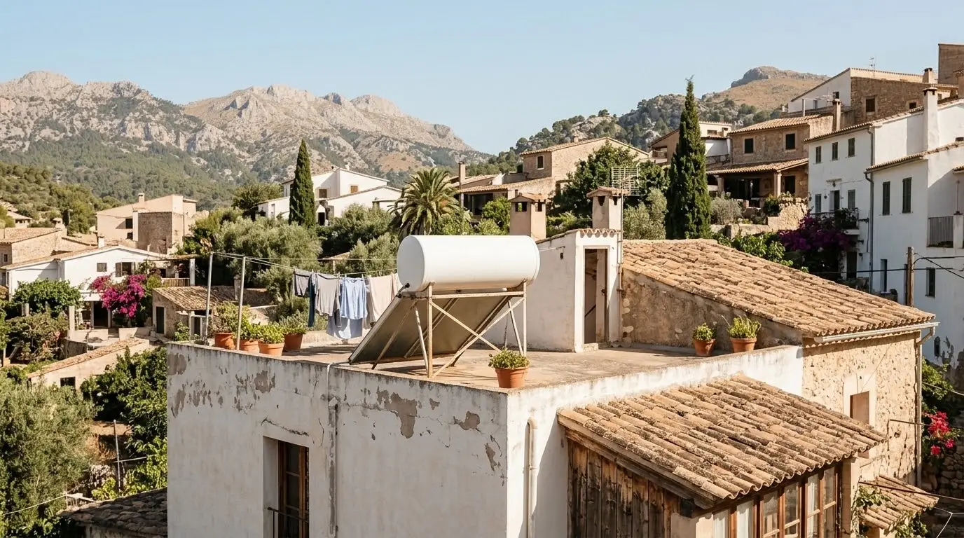 Termosifón solar con depósito blanco sobre la azotea de una casa de pueblo de Mallorca